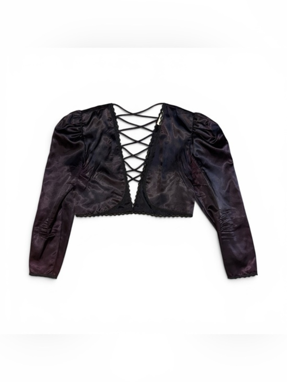 Vintage Windsor Fashions Satin Cropped Open Silky Cardigan Blouse with Lace